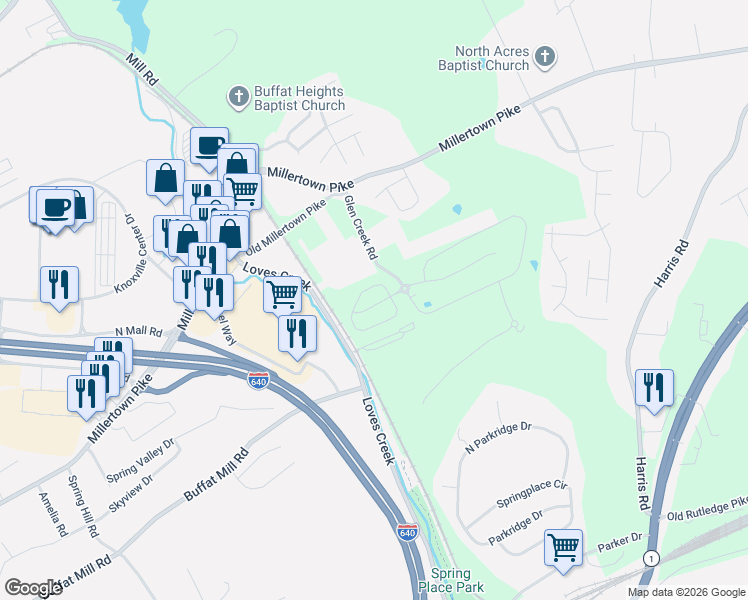 map of restaurants, bars, coffee shops, grocery stores, and more near 5406 Laurel Creek Way in Knoxville