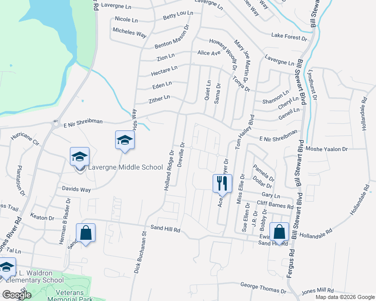 map of restaurants, bars, coffee shops, grocery stores, and more near 137 Dreville Drive in La Vergne