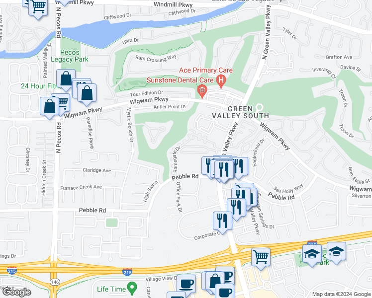 map of restaurants, bars, coffee shops, grocery stores, and more near 2201 Ramsgate Drive in Henderson