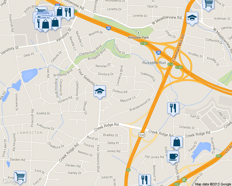 map of restaurants, bars, coffee shops, grocery stores, and more near 2501 Lourance Boulevard in Greensboro