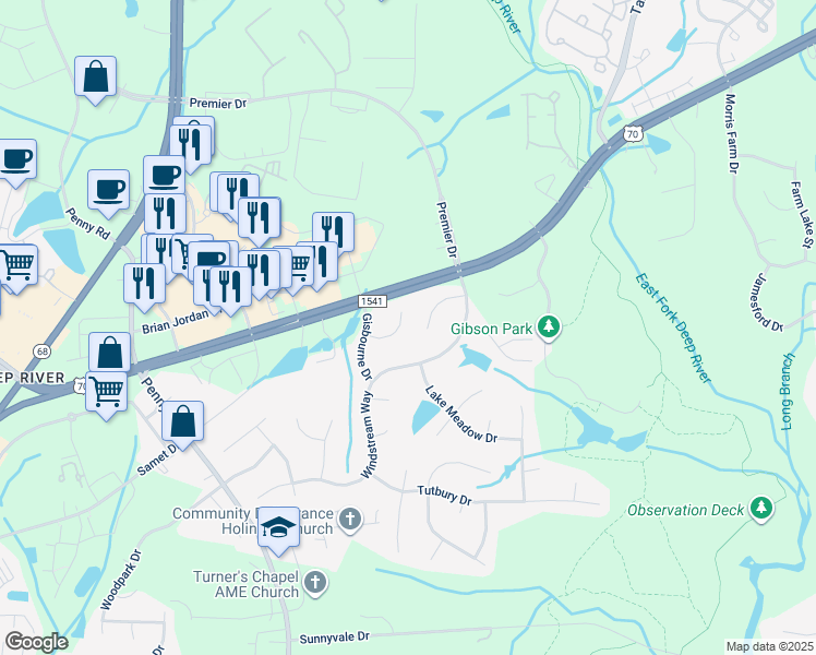 map of restaurants, bars, coffee shops, grocery stores, and more near 4016 Maid Marion Court in Jamestown