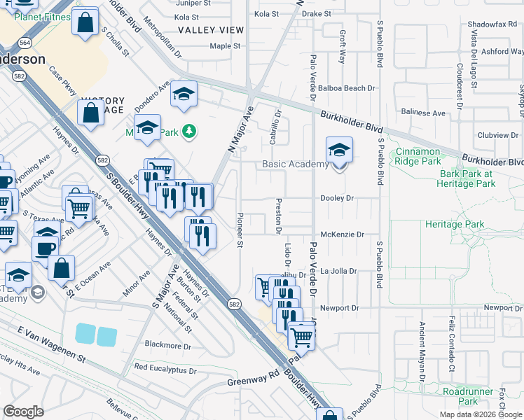 map of restaurants, bars, coffee shops, grocery stores, and more near 371 Morning View Drive in Henderson