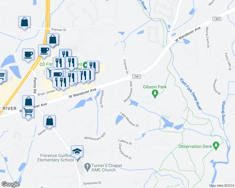 map of restaurants, bars, coffee shops, grocery stores, and more near 4027 Windstream Court in Jamestown