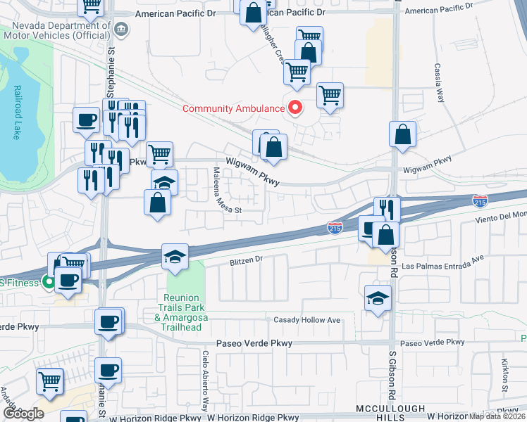map of restaurants, bars, coffee shops, grocery stores, and more near 2 Maleena Mesa Street in Henderson