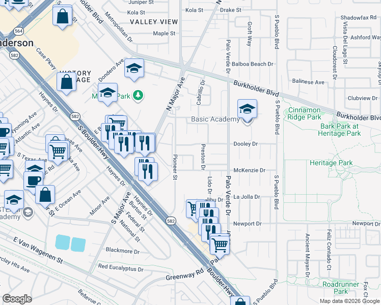 map of restaurants, bars, coffee shops, grocery stores, and more near 371 Morning View Drive in Henderson