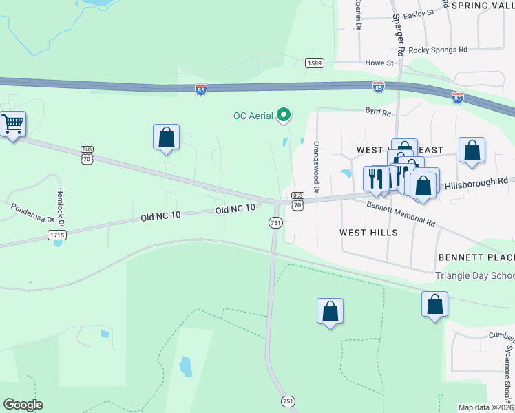 map of restaurants, bars, coffee shops, grocery stores, and more near 4019 Old NC 10 in Durham