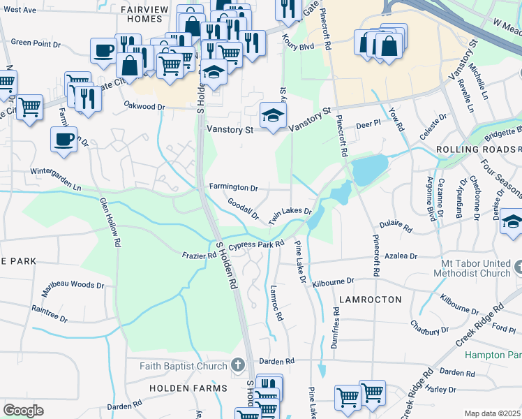 map of restaurants, bars, coffee shops, grocery stores, and more near 2409 Wooding Place in Greensboro