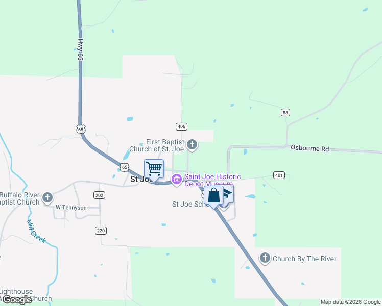 map of restaurants, bars, coffee shops, grocery stores, and more near U.S. 65 in Saint Joe