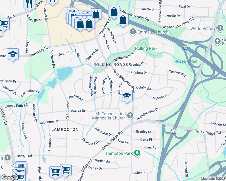 map of restaurants, bars, coffee shops, grocery stores, and more near 2609 Dulaire Road in Greensboro