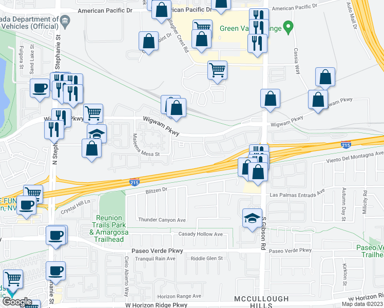 map of restaurants, bars, coffee shops, grocery stores, and more near 1131 Wigwam Parkway in Henderson