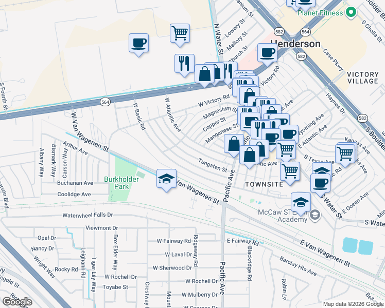 map of restaurants, bars, coffee shops, grocery stores, and more near 266 Tungsten Street in Henderson