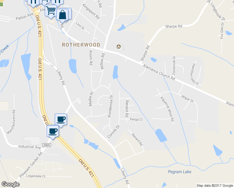 map of restaurants, bars, coffee shops, grocery stores, and more near 2408 Corinth Drive in Greensboro