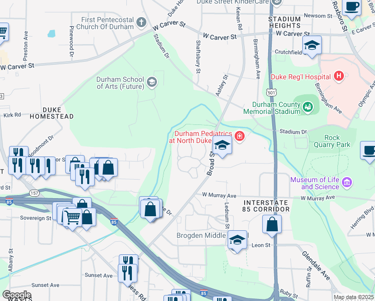 map of restaurants, bars, coffee shops, grocery stores, and more near 235 Erlwood Way in Durham