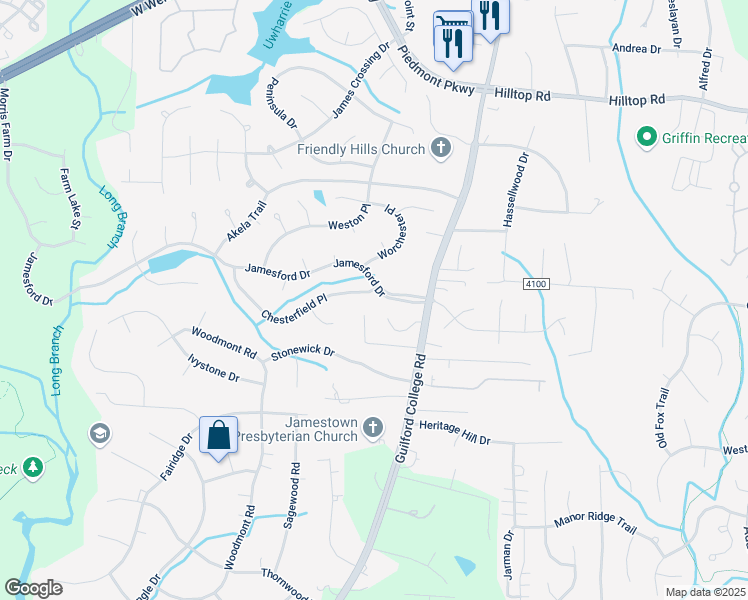 map of restaurants, bars, coffee shops, grocery stores, and more near 4722 Chesterfield Place in Jamestown