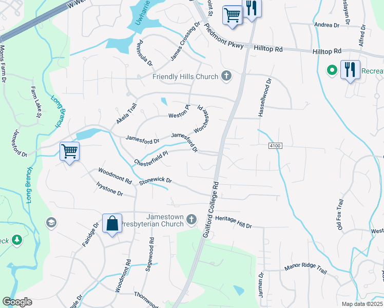 map of restaurants, bars, coffee shops, grocery stores, and more near 4722 Chesterfield Place in Jamestown