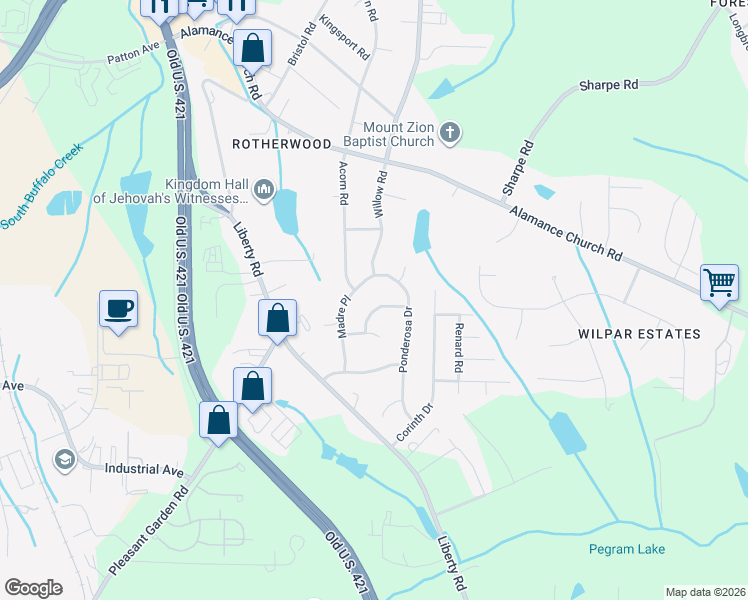 map of restaurants, bars, coffee shops, grocery stores, and more near 1402 Comstock Lane in Greensboro