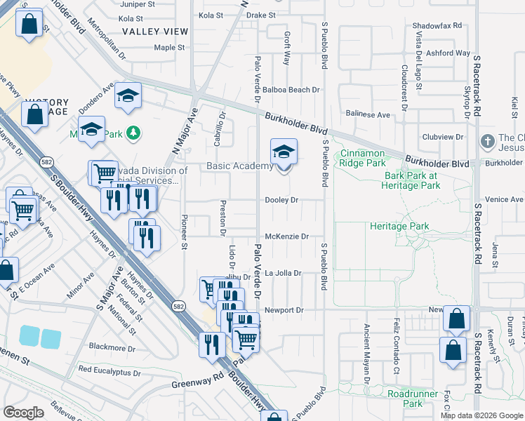 map of restaurants, bars, coffee shops, grocery stores, and more near 330 Palo Verde Drive in Henderson