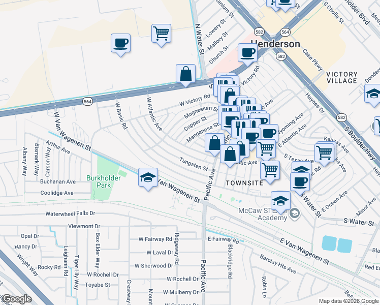 map of restaurants, bars, coffee shops, grocery stores, and more near 230 Tungsten Street in Henderson