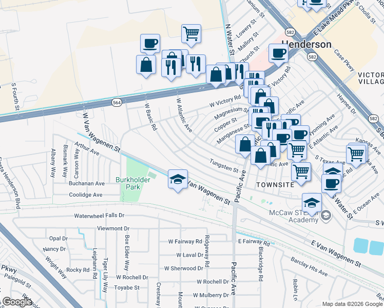 map of restaurants, bars, coffee shops, grocery stores, and more near 278 West Basic Road in Henderson