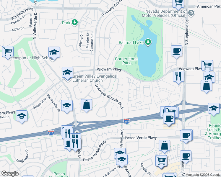 map of restaurants, bars, coffee shops, grocery stores, and more near 1619 Mowbray Court in Henderson