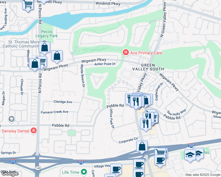 map of restaurants, bars, coffee shops, grocery stores, and more near 2340 Ramsgate Drive in Henderson