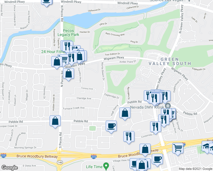 map of restaurants, bars, coffee shops, grocery stores, and more near 54 Myrtle Beach Drive in Henderson
