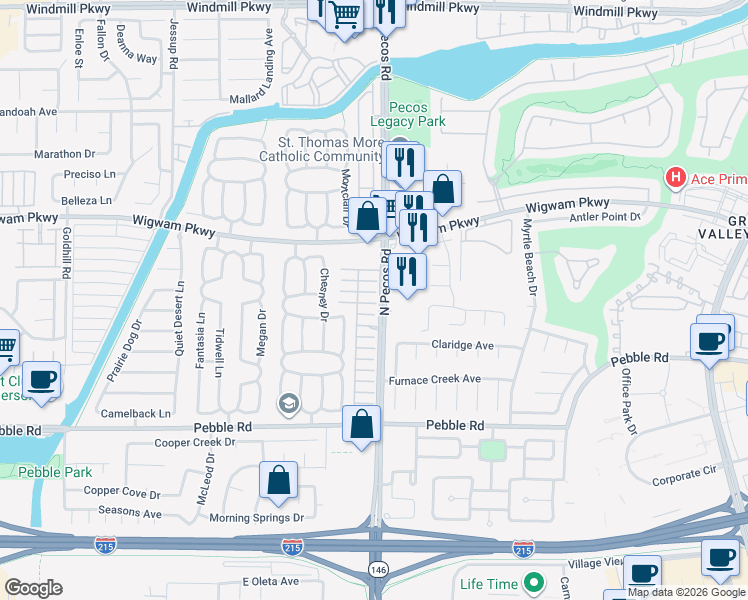 map of restaurants, bars, coffee shops, grocery stores, and more near 2609 Ponderosa Pine Avenue in Henderson