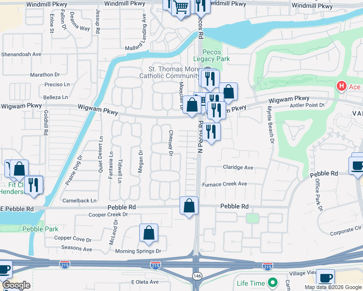 map of restaurants, bars, coffee shops, grocery stores, and more near 54 Chesney Drive in Henderson