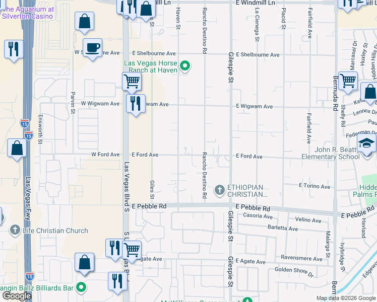 map of restaurants, bars, coffee shops, grocery stores, and more near 139 East Ford Avenue in Las Vegas