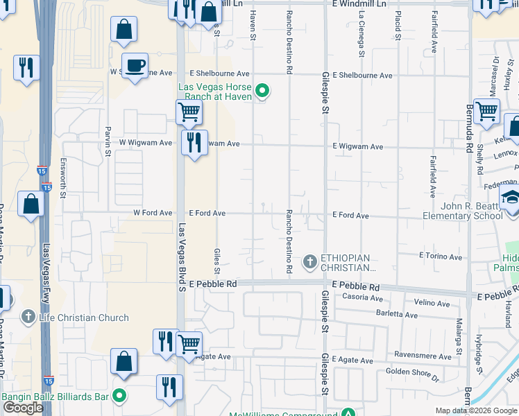 map of restaurants, bars, coffee shops, grocery stores, and more near 139 East Ford Avenue in Las Vegas