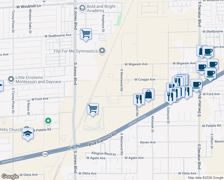 map of restaurants, bars, coffee shops, grocery stores, and more near 5890 West Ford Avenue in Las Vegas