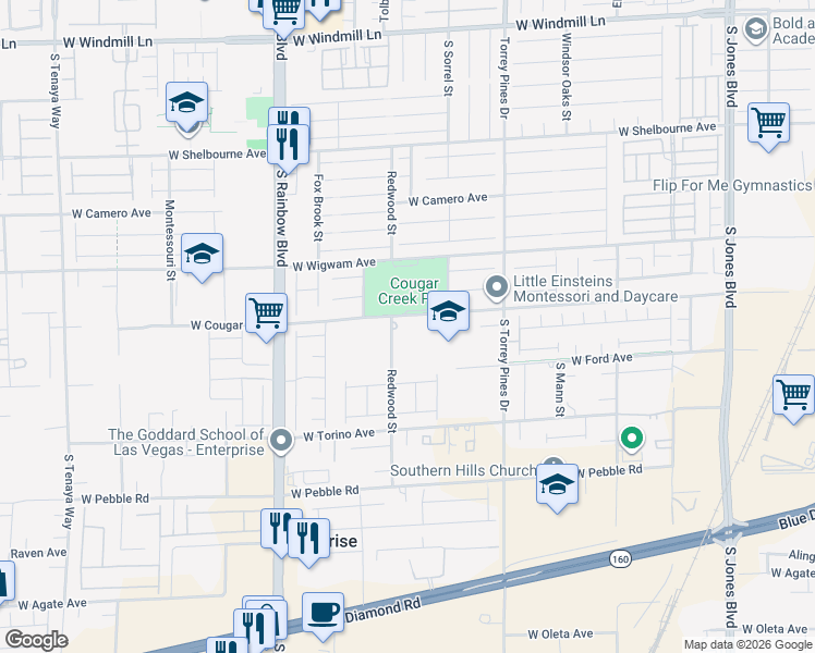 map of restaurants, bars, coffee shops, grocery stores, and more near 8660 Redwood Street in Las Vegas