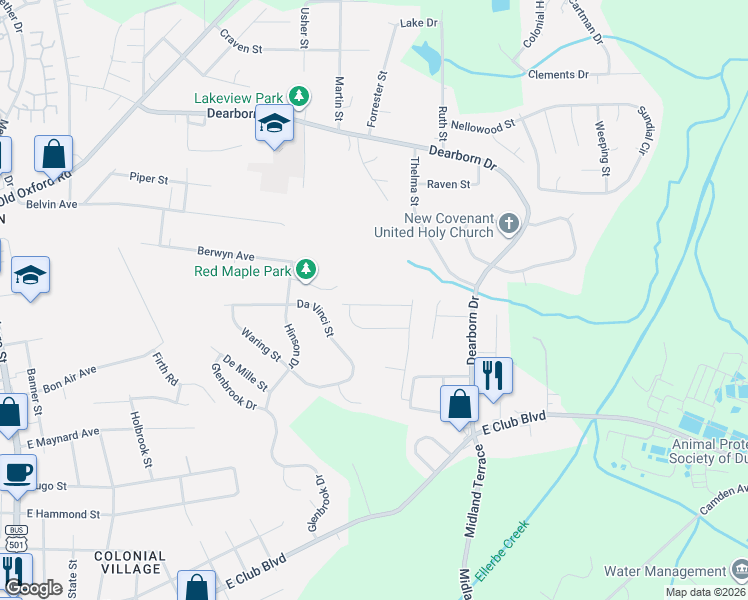 map of restaurants, bars, coffee shops, grocery stores, and more near 1201 Orchard Way in Durham