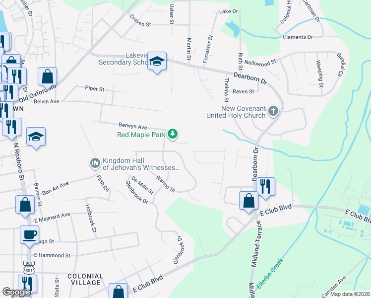 map of restaurants, bars, coffee shops, grocery stores, and more near 1102 Pecan Place in Durham