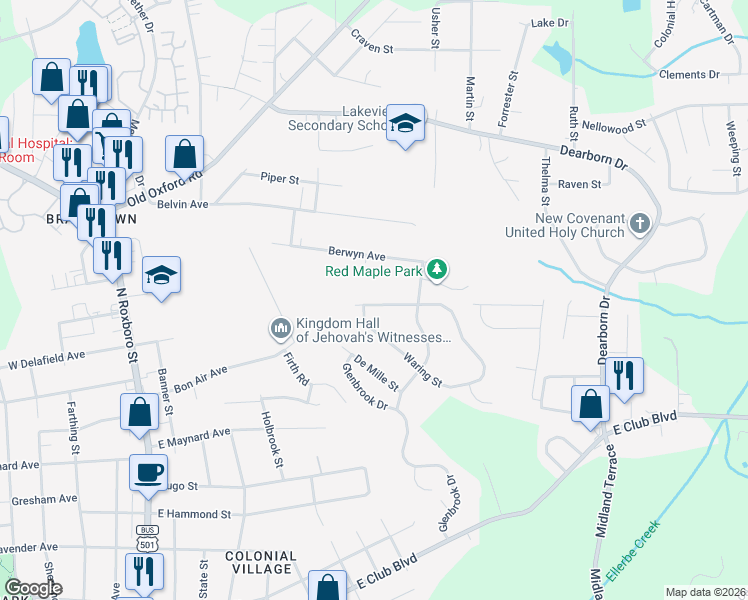 map of restaurants, bars, coffee shops, grocery stores, and more near 807 Waring Street in Durham