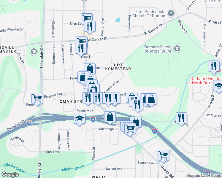 map of restaurants, bars, coffee shops, grocery stores, and more near 2222 Strebor Street in Durham