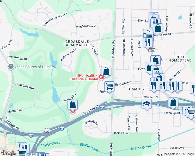 map of restaurants, bars, coffee shops, grocery stores, and more near 1903 Front Street in Durham
