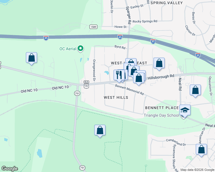 map of restaurants, bars, coffee shops, grocery stores, and more near 4824 Stafford Drive in Durham