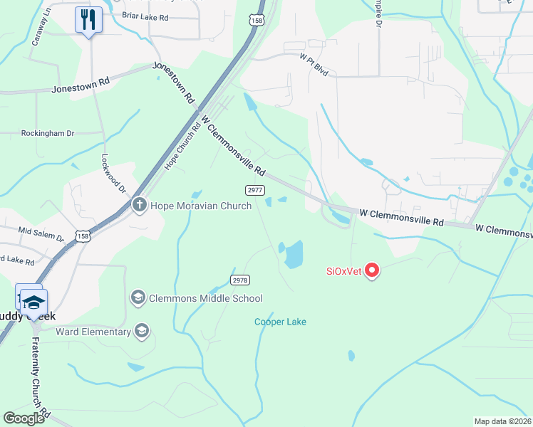 map of restaurants, bars, coffee shops, grocery stores, and more near 2842 Woodard Road in Winston-Salem