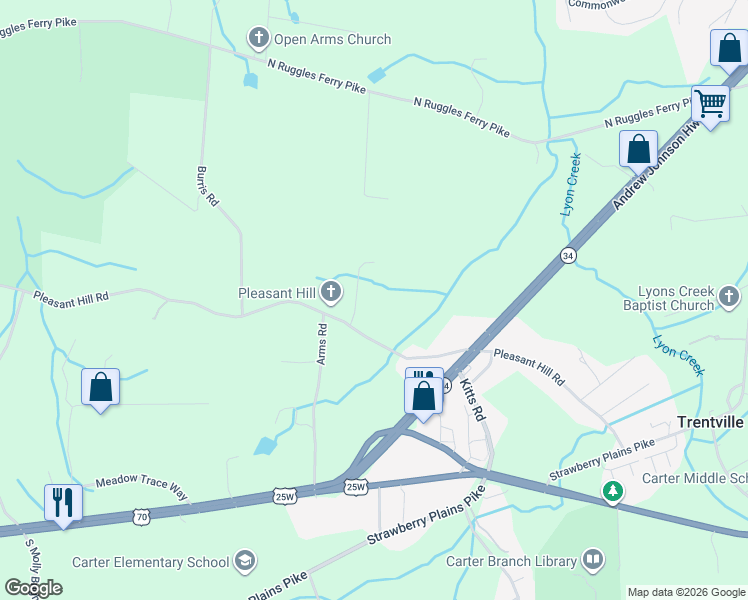 map of restaurants, bars, coffee shops, grocery stores, and more near 8817 Pleasant Hill Road in Knoxville