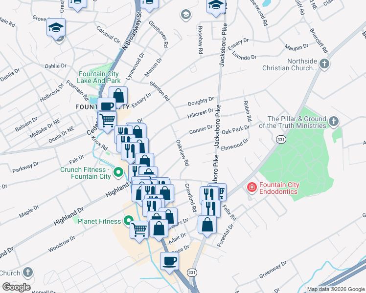 map of restaurants, bars, coffee shops, grocery stores, and more near 200 Lynnview Drive in Knoxville