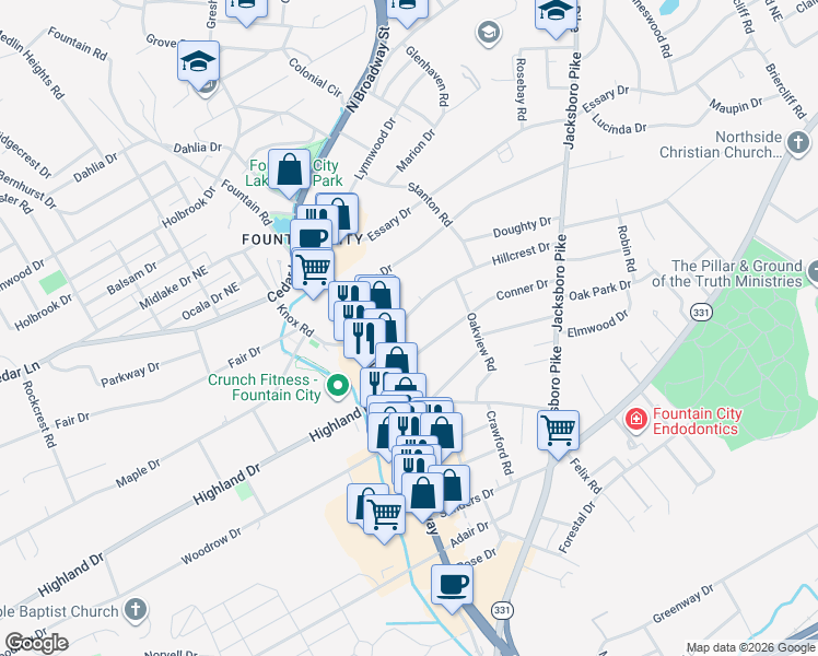 map of restaurants, bars, coffee shops, grocery stores, and more near 2829 Rennoc Road in Knoxville