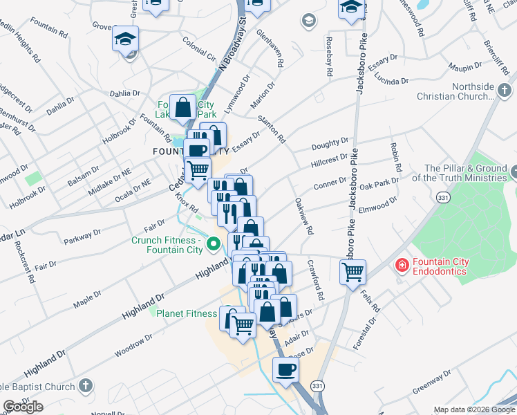 map of restaurants, bars, coffee shops, grocery stores, and more near 2829 Rennoc Road in Knoxville