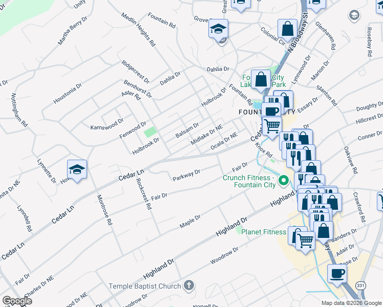 map of restaurants, bars, coffee shops, grocery stores, and more near 2322 Cedar Lane in Knoxville