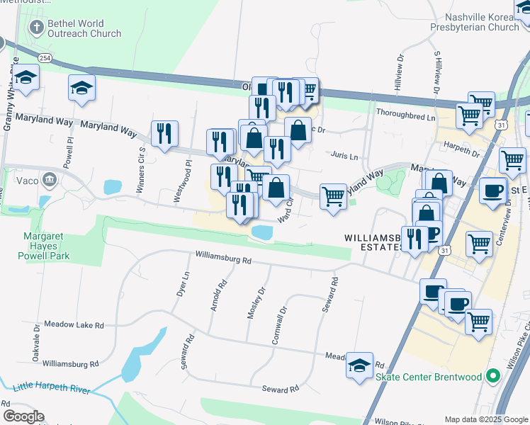 map of restaurants, bars, coffee shops, grocery stores, and more near 214 Ward Circle in Brentwood