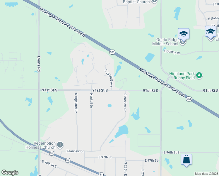 map of restaurants, bars, coffee shops, grocery stores, and more near 23426 91st Street South in Broken Arrow