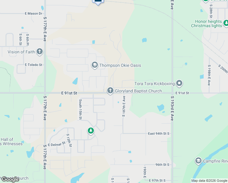 map of restaurants, bars, coffee shops, grocery stores, and more near 18610 East 91st Street in Broken Arrow