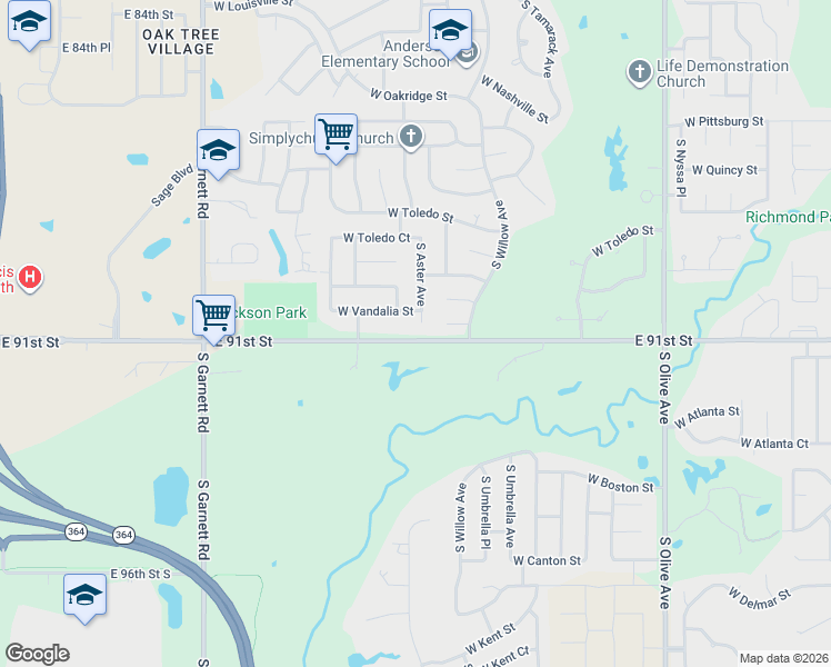 map of restaurants, bars, coffee shops, grocery stores, and more near 3601 East 91st Street in Broken Arrow
