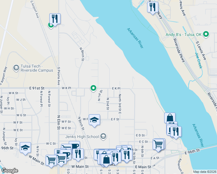 map of restaurants, bars, coffee shops, grocery stores, and more near 1017 North 2nd Street in Jenks