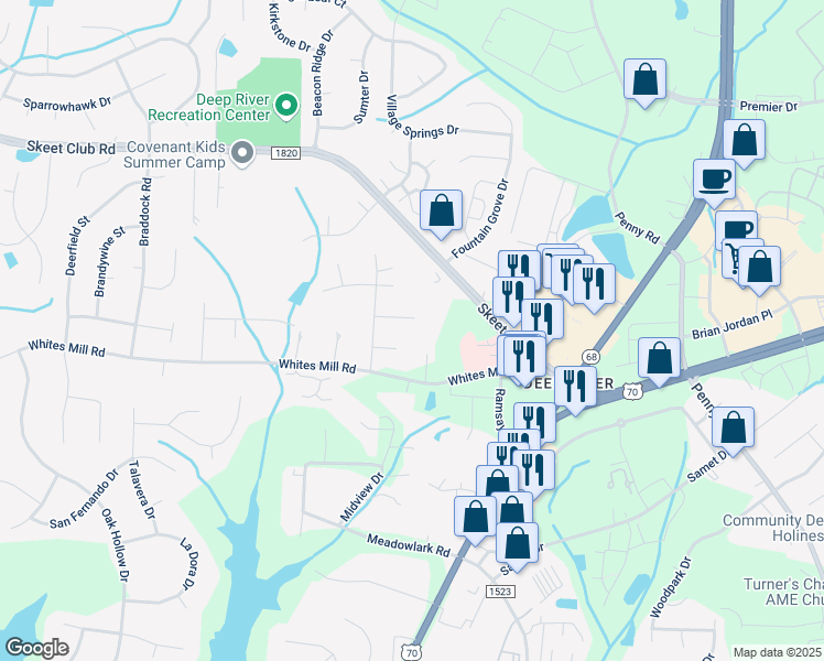 map of restaurants, bars, coffee shops, grocery stores, and more near 2219 Whites Mill Road in High Point